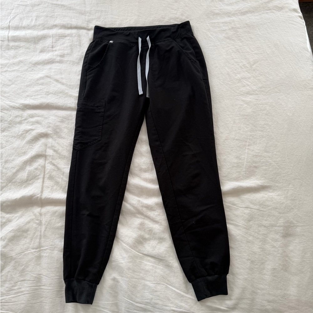 Figs Black Jogger Scrub Pants with White Drawstring
